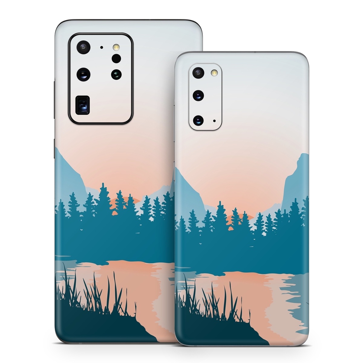 Samsung Galaxy S20 Series Skin design of Sky, Atmosphere, Mountain, Ecoregion, Plant, Natural landscape, Larch, Highland, Fog, Atmospheric phenomenon, with blue, yellow, orange, green colors