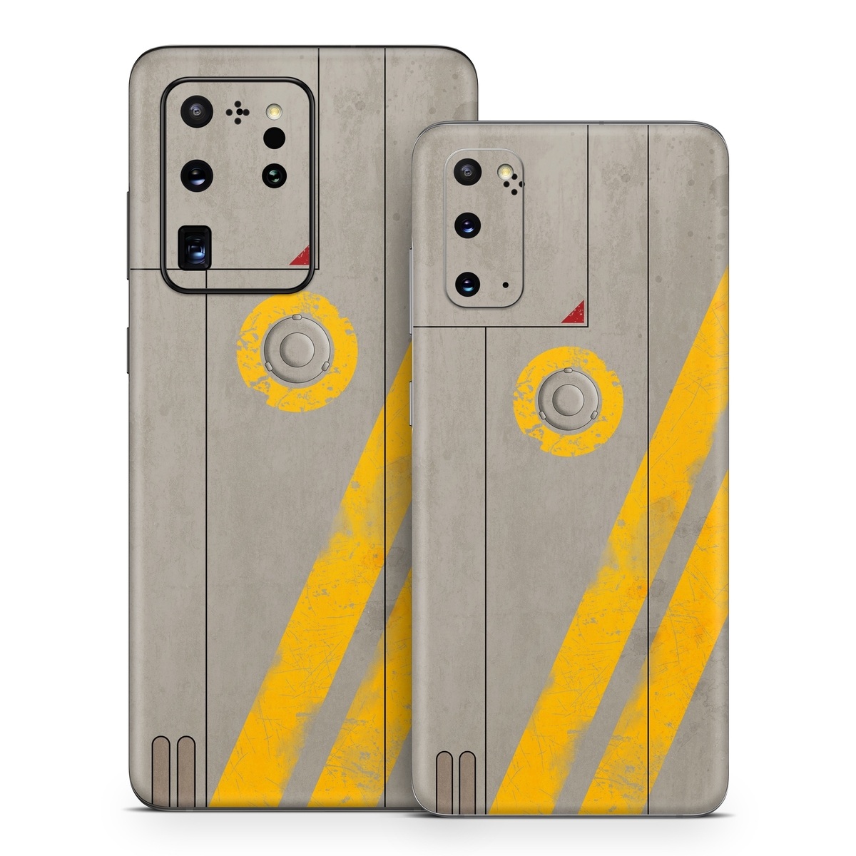 Samsung Galaxy S20 Series Skin design of Yellow, Wall, Line, Orange, Design, Concrete, Font, Architecture, Parallel, Wood, with gray, yellow, red, black colors
