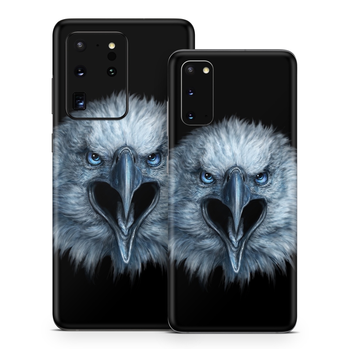 Samsung Galaxy S20 Series Skin design of Bird, Vertebrate, Bird of prey, Beak, Eagle, Wildlife, Organ, Close-up, Eye, Accipitriformes, with white, gray, black, blue colors