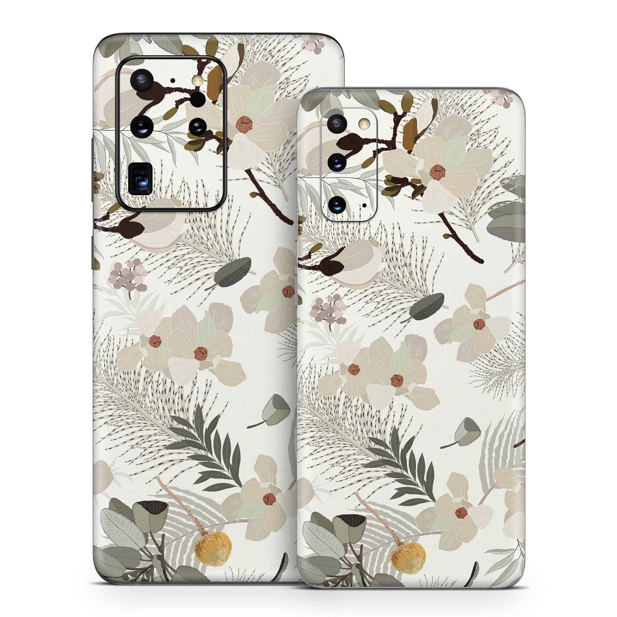 Samsung Galaxy S20 Series Skin design of Branch, Botany, Twig, Plant, Textile, Organism, Art, Creative arts, Pattern, Tints and shades, with white, green, yellow, brown, gray colors