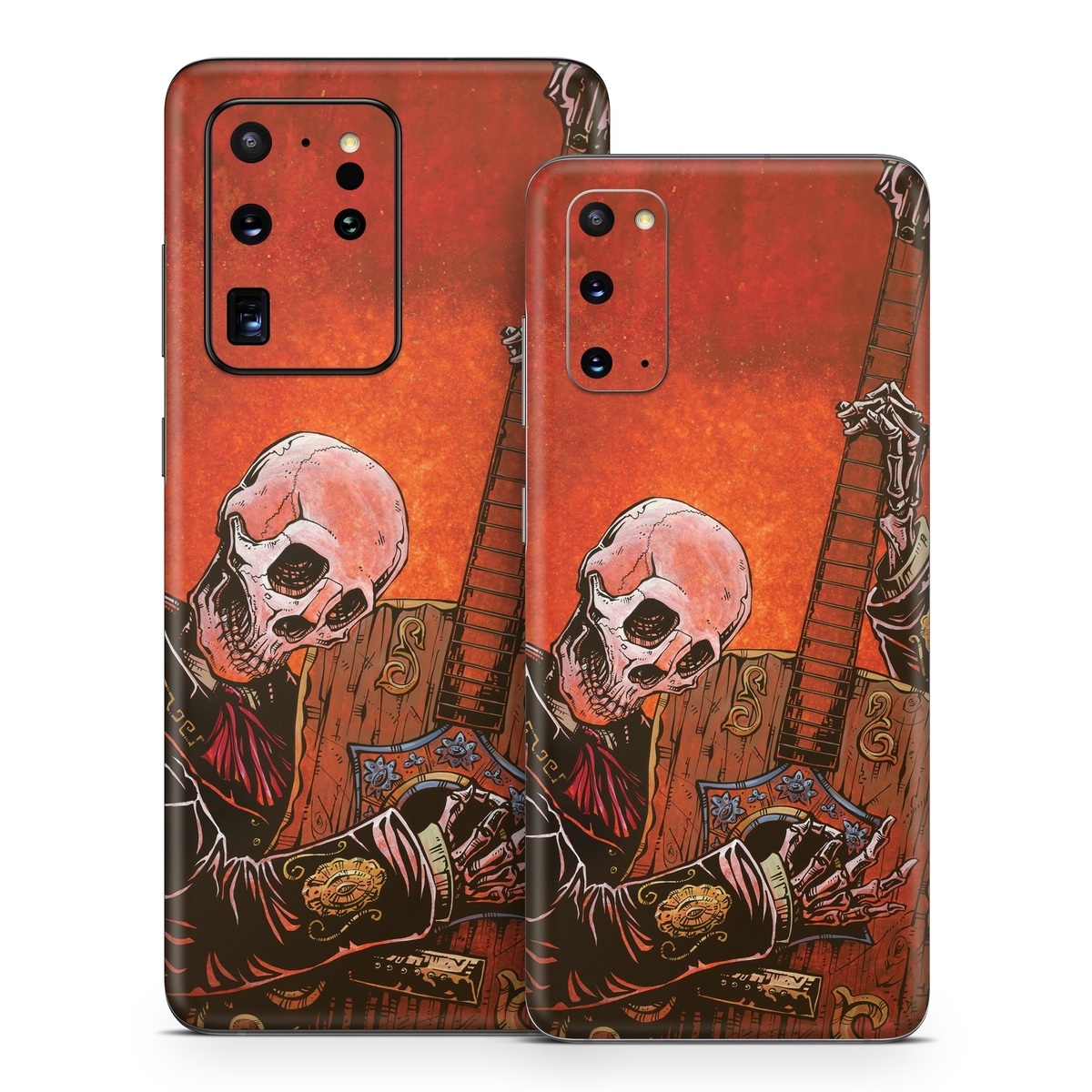 Samsung Galaxy S20 Series Skin design of Sleeve, Art, Painting, Personal protective equipment, Artist, Music, Font, Visual arts, Drawing, Skull, with white, black, gray, brown, orange, yellow, red colors