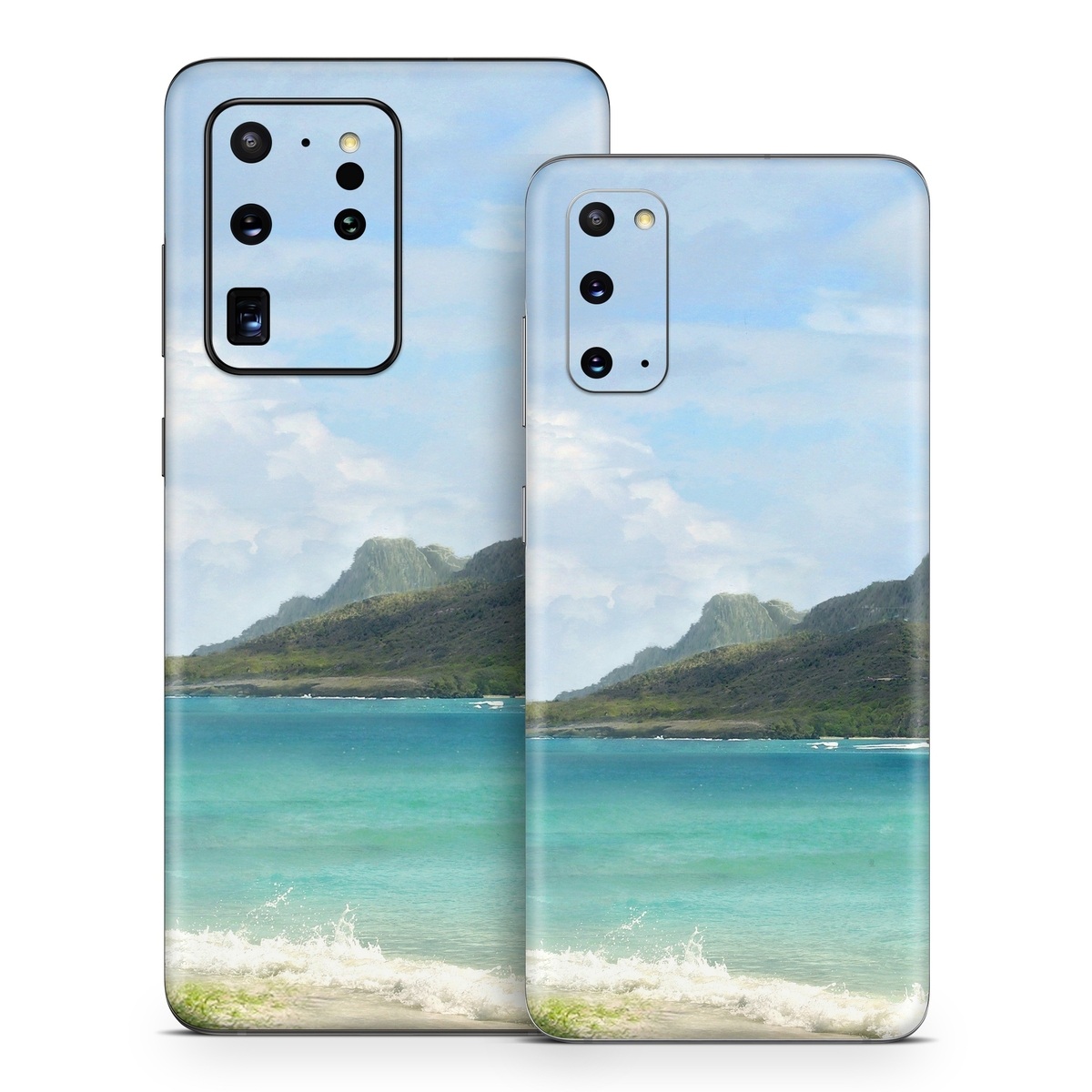 Samsung Galaxy S20 Series Skin design of Body of water, Tropics, Nature, Natural landscape, Shore, Coast, Caribbean, Sea, Tree, Beach, with gray, black, blue, green colors