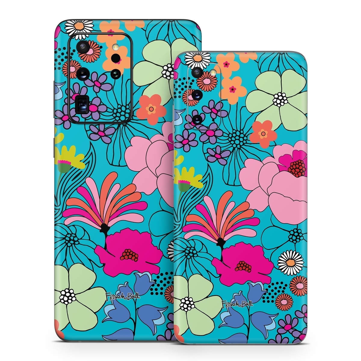 Samsung Galaxy S20 Series Skin design of Flower, Green, Azure, Nature, Botany, Petal, Blue, Textile, Pink, Art, with blue, pink, yellow, orange, red, purple, green colors