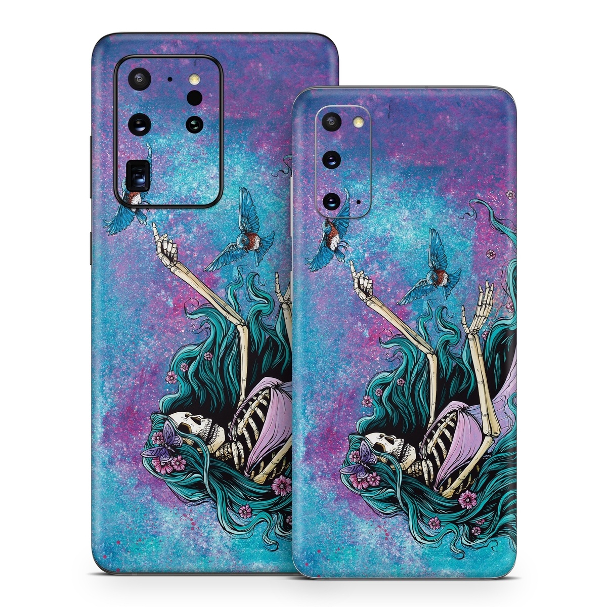 Samsung Galaxy S20 Series Skin design of Green, Purple, Painting, Paint, Art, Cg artwork, Mythical creature, Musical instrument, Graffiti, Artist, with blue, purple, white, gray, brown colors