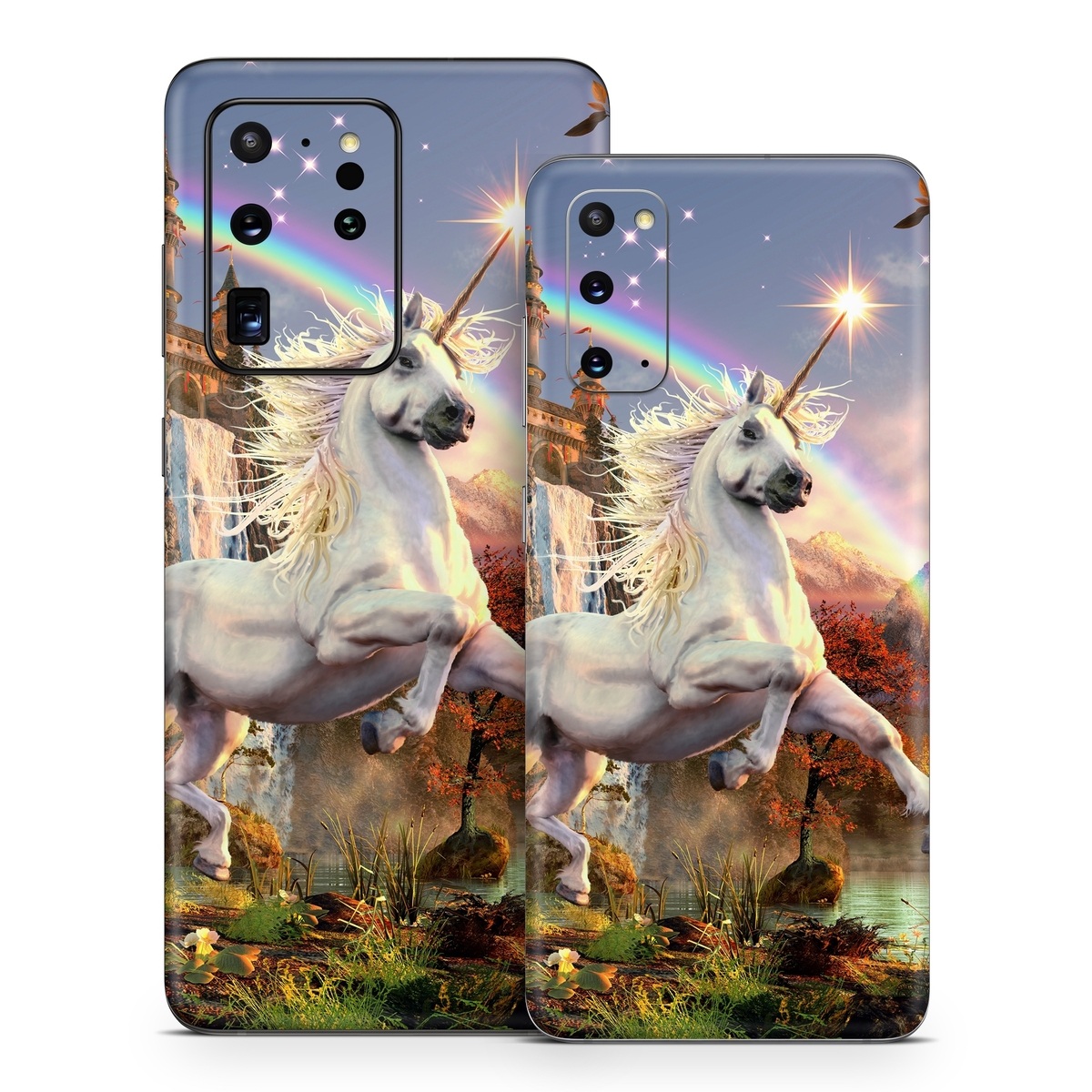 Samsung Galaxy S20 Series Skin design of Nature, Unicorn, Fictional character, Sky, Mythical creature, Mythology, Cg artwork, Horse, Mane, Wildlife, with black, gray, red, green, blue colors
