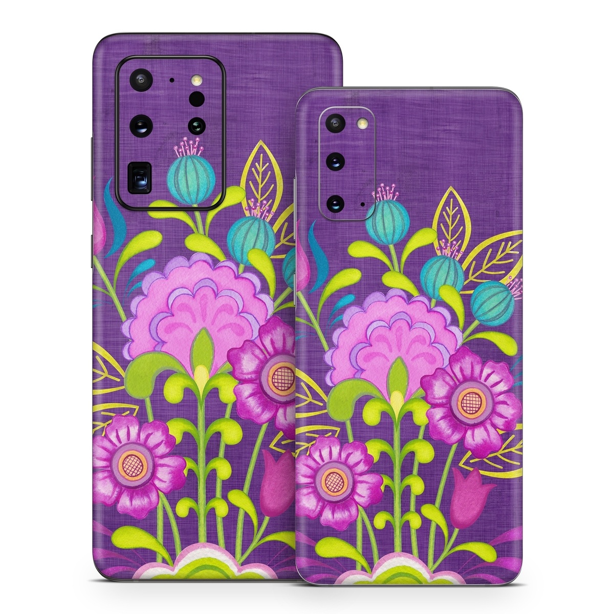 Samsung Galaxy S20 Series Skin design of Flower, Pattern, Plant, Violet, Botany, Visual arts, Design, Floral design, Art, Magenta, with blue, purple, green, gray, red colors
