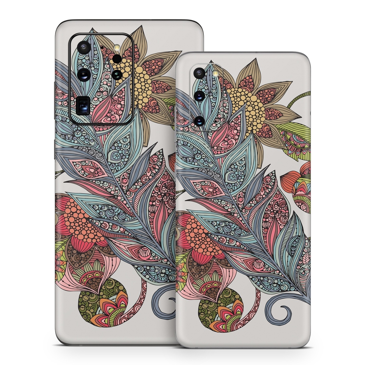 Samsung Galaxy S20 Series Skin design of Botany, Plant, Leaf, Pattern, Flower, Illustration, Design, Motif, Protea family, Flowering plant, with green, blue, pink, red, yellow, orange, gray, brown colors