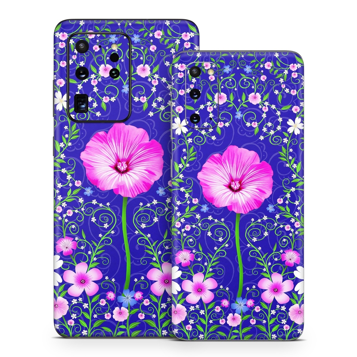 Samsung Galaxy S20 Series Skin design of Purple, Violet, Flower, Plant, Wildflower, Pattern, Petal, Design, Graphics, Morning glory, with blue, purple, pink, green, white, yellow colors