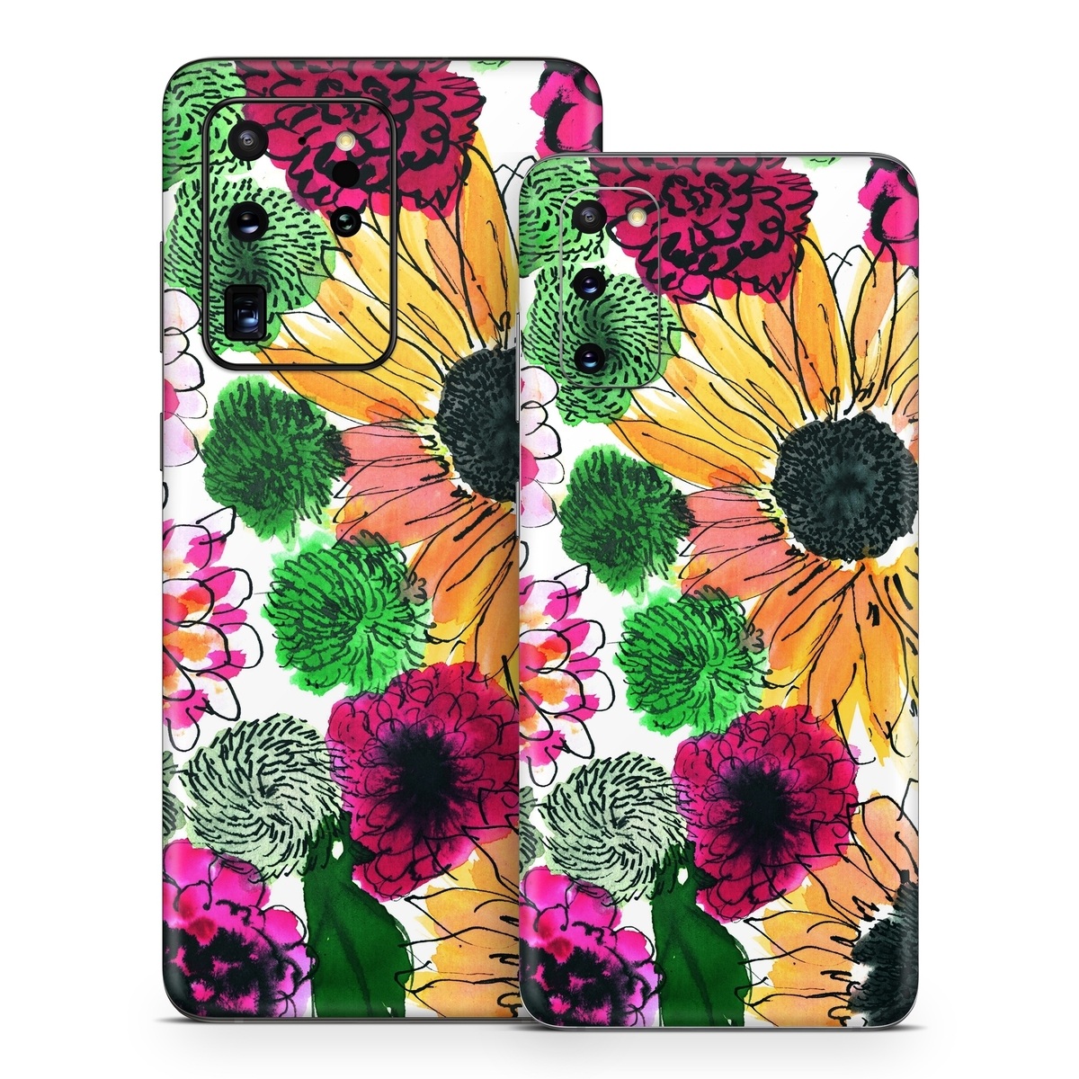 Samsung Galaxy S20 Series Skin design of Flower, Floral design, Plant, Gazania, african daisy, Petal, Pattern, Botany, Wildflower, Design, with red, yellow, green, pink, black colors