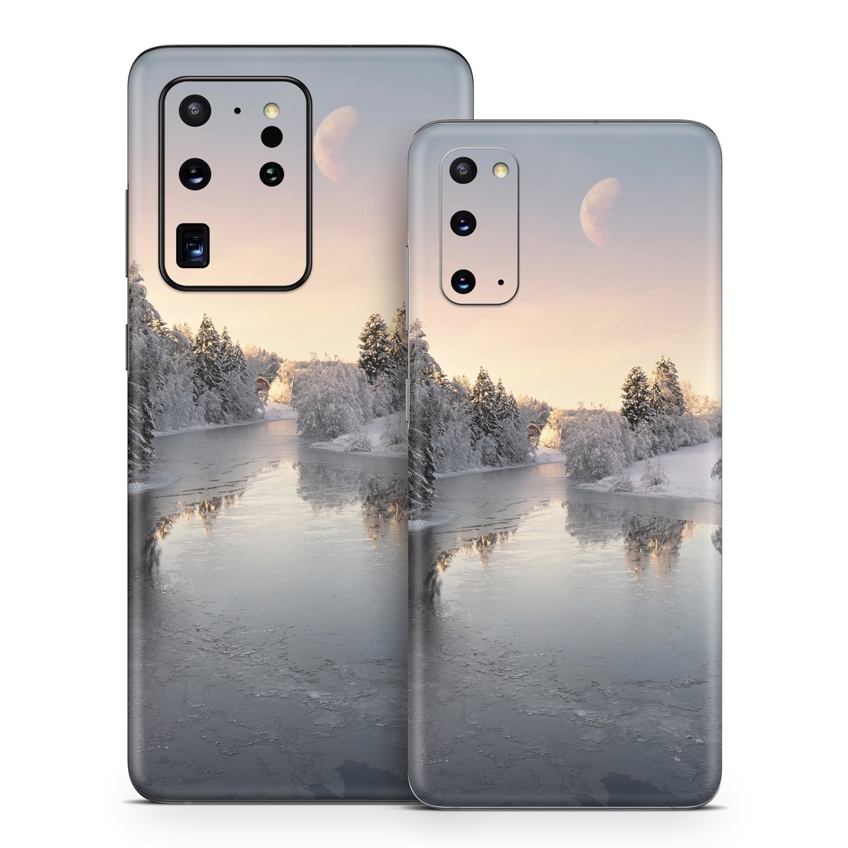 Samsung Galaxy S20 Series Skin design of Water, Cloud, Sky, Atmosphere, Water resources, Tree, Natural landscape, Moon, Snow, Dusk, with blue, black, yellow, orange, white colors