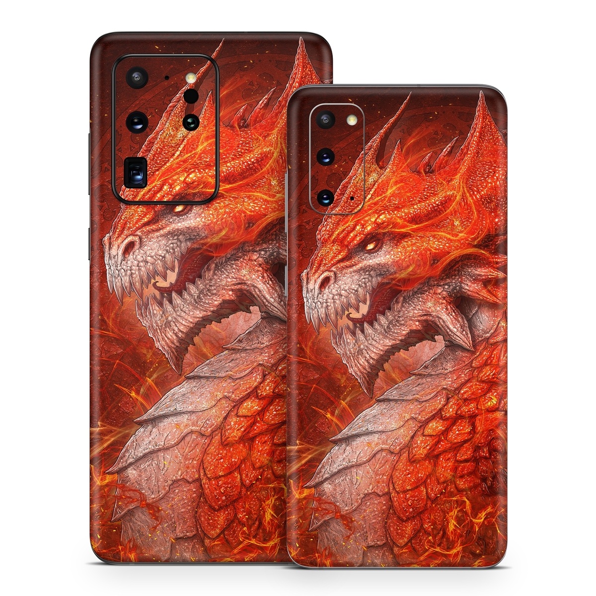 Samsung Galaxy S20 Series Skin design of Fictional character, Cg artwork, Illustration, Art, Demon, Geological phenomenon, Mythical creature, Dragon, Cryptid, with red, orange, yellow colors