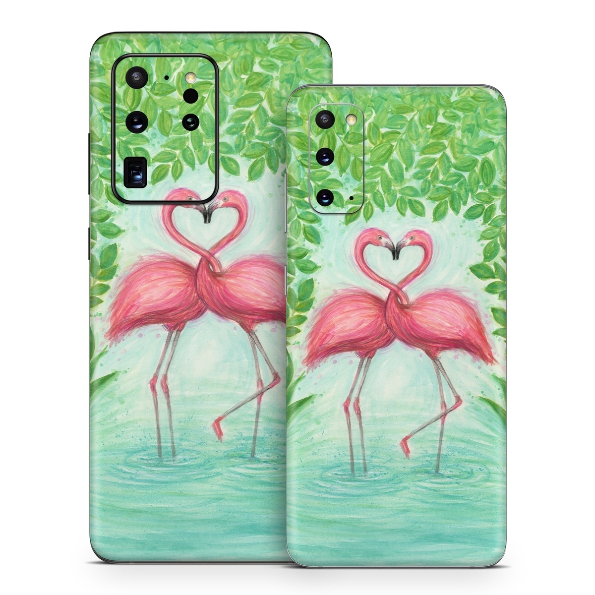 Samsung Galaxy S20 Series Skin design of Flamingo, Greater flamingo, Bird, Water bird, Pink, Illustration, Watercolor paint, Organism, Drawing, Stork, with pink, blue, green colors