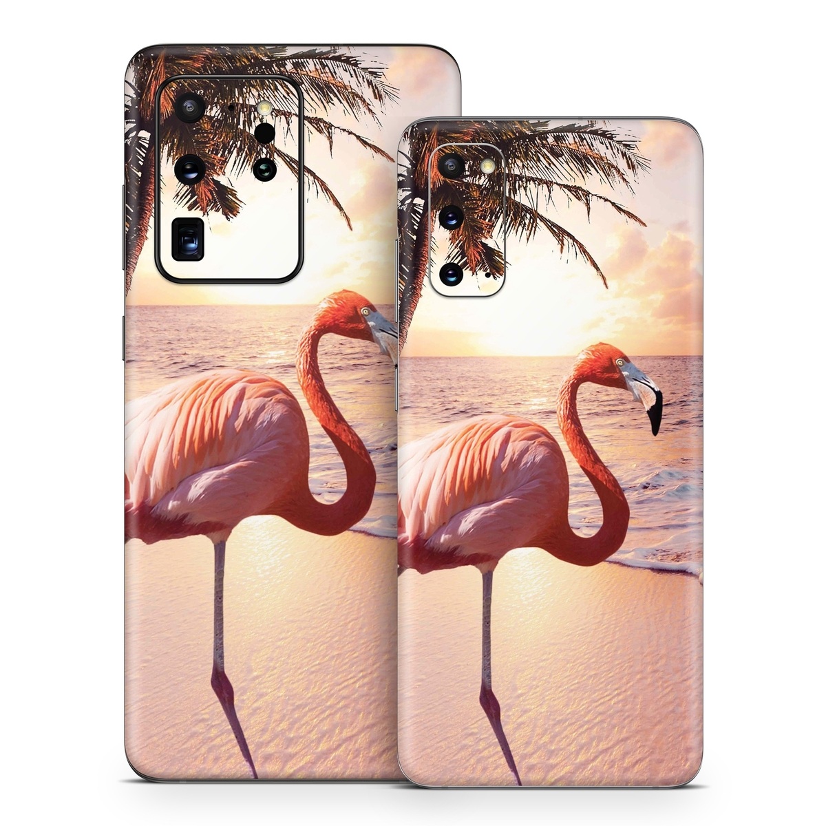 Samsung Galaxy S20 Series Skin design of Flamingo, Greater flamingo, Bird, Water bird, Pink, Wildlife, Sky, Tree, Organism, Beak, with pink, blue, green, yellow, white, orange, black colors