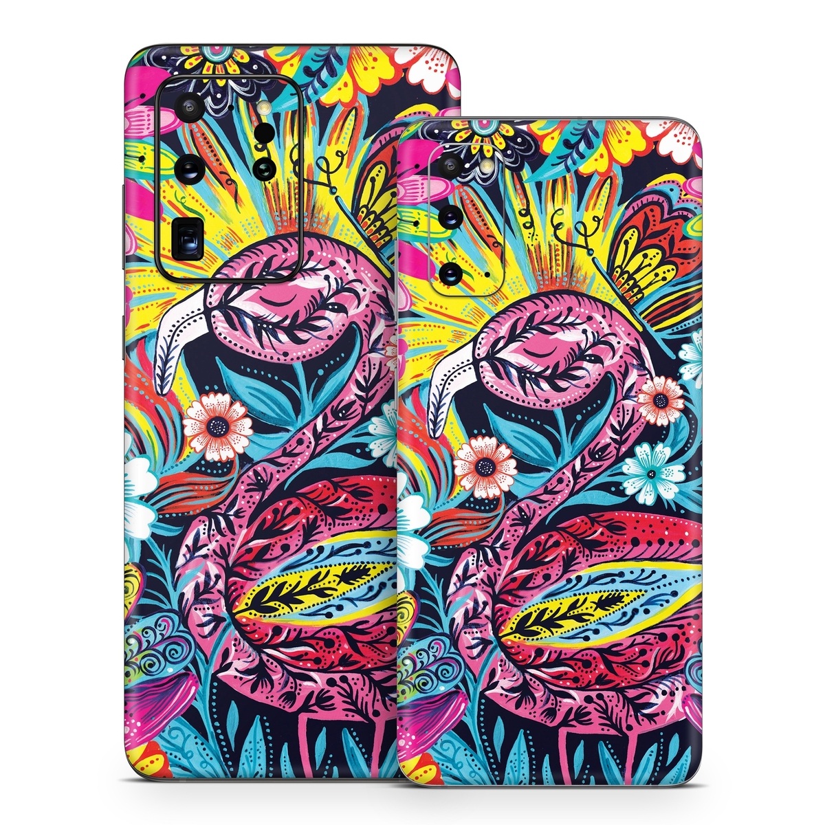 Samsung Galaxy S20 Series Skin design of Psychedelic art, Pattern, Visual arts, Art, Design, Textile, Illustration, Plant, Graphic design, Drawing, with pink, yellow, black, blue, white colors