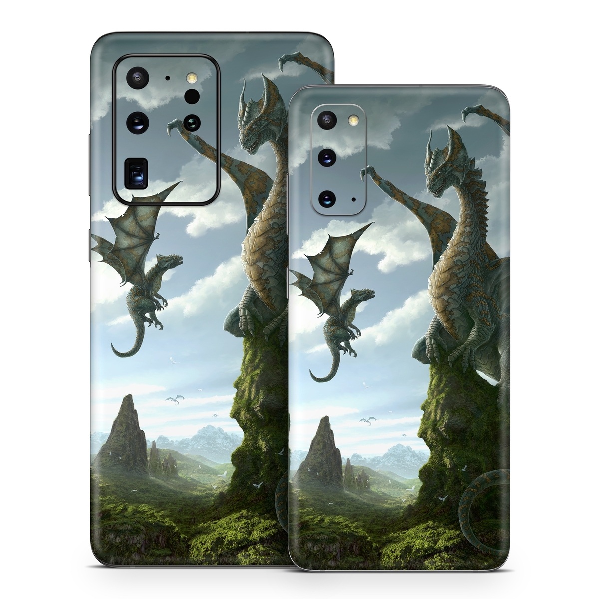 Samsung Galaxy S20 Series Skin design of Dragon, Cg artwork, Fictional character, Mythical creature, Mythology, Extinction, Cryptid, Illustration, Games, Massively multiplayer online role-playing game, with black, gray, blue, white, purple colors