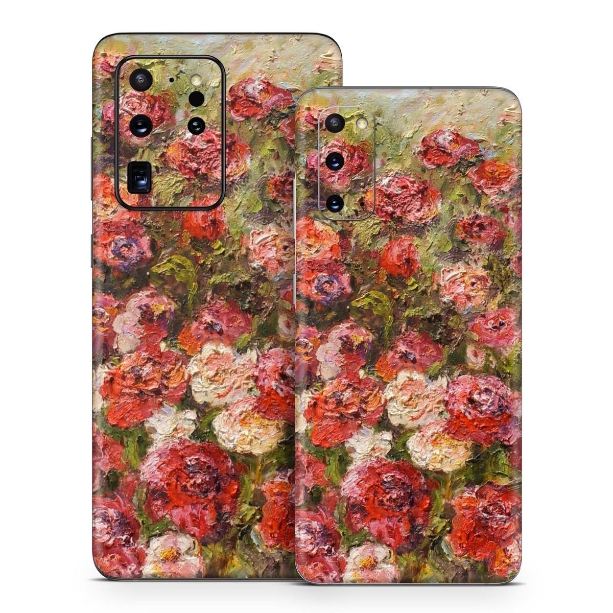 Samsung Galaxy S20 Series Skin design of Flower, Garden roses, Rose, Plant, Floribunda, Flowering plant, Rosa × centifolia, Rose family, Botany, Petal, with red, black, green, gray colors