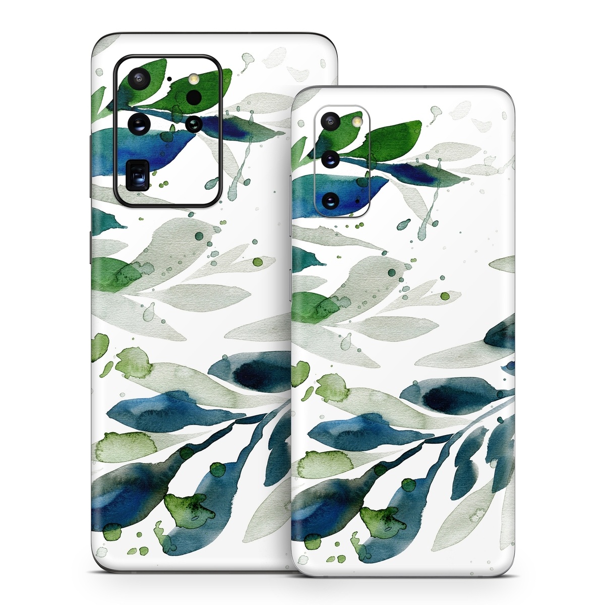 Samsung Galaxy S20 Series Skin design of Leaf, Branch, Plant, Tree, Botany, Flower, Design, Eucalyptus, Pattern, Watercolor paint, with white, blue, green, gray colors