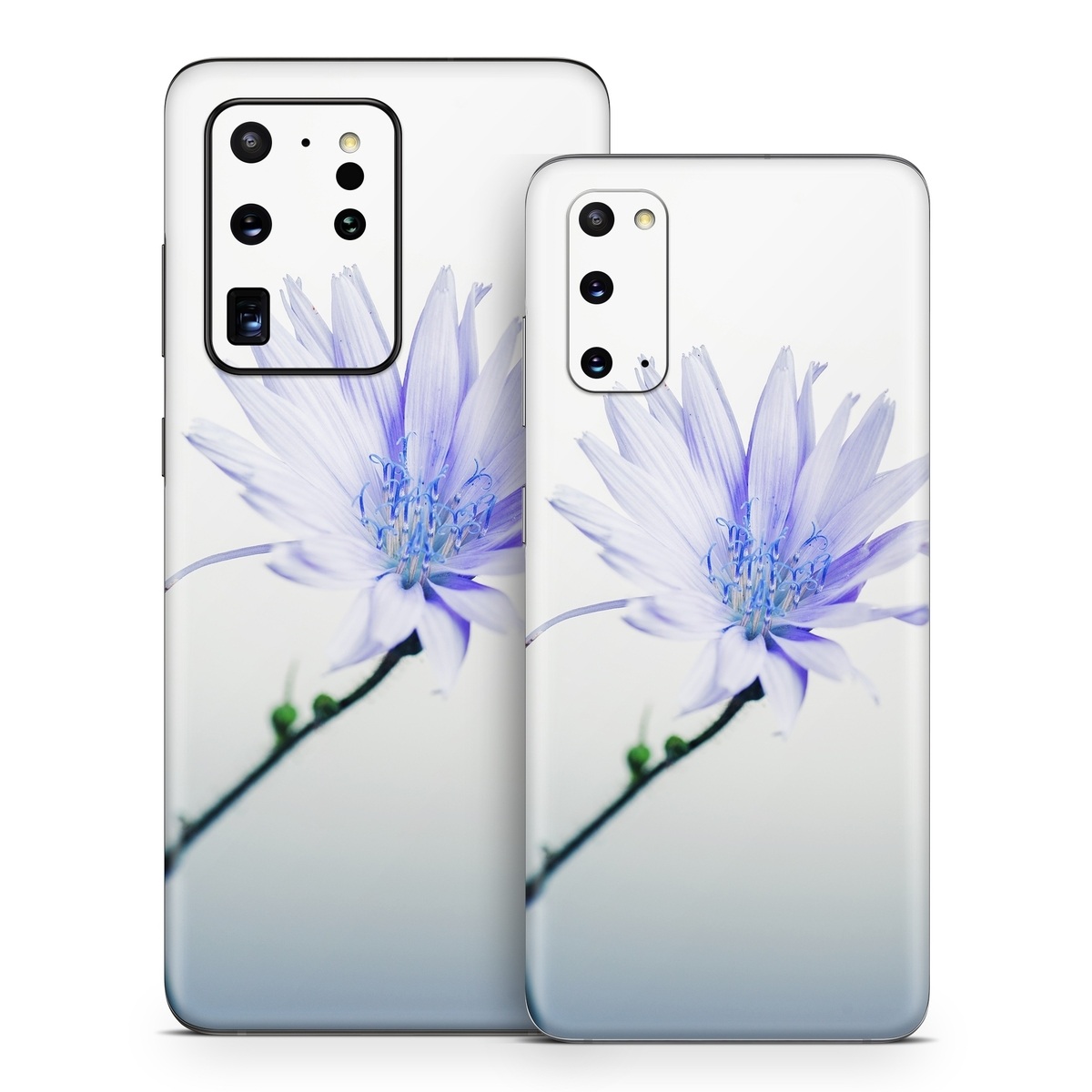 Samsung Galaxy S20 Series Skin design of Blue, Flower, Plant, Petal, Close-up, Macro photography, Flowering plant, Herbaceous plant, Wildflower, Photography, with gray, white, yellow colors