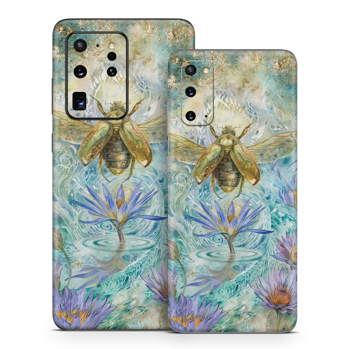 Samsung Galaxy S20 Series Skin design of Painting, Fictional character, Art, Flower, Watercolor paint, Plant, Wildflower, Angel, Honeybee, Mythology, with blue, yellow, brown, purple, red, white colors