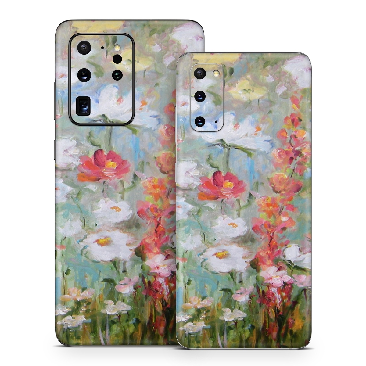 Samsung Galaxy S20 Series Skin design of Flower, Painting, Watercolor paint, Plant, Modern art, Wildflower, Botany, Meadow, Acrylic paint, Flowering plant, with gray, black, green, red, blue colors