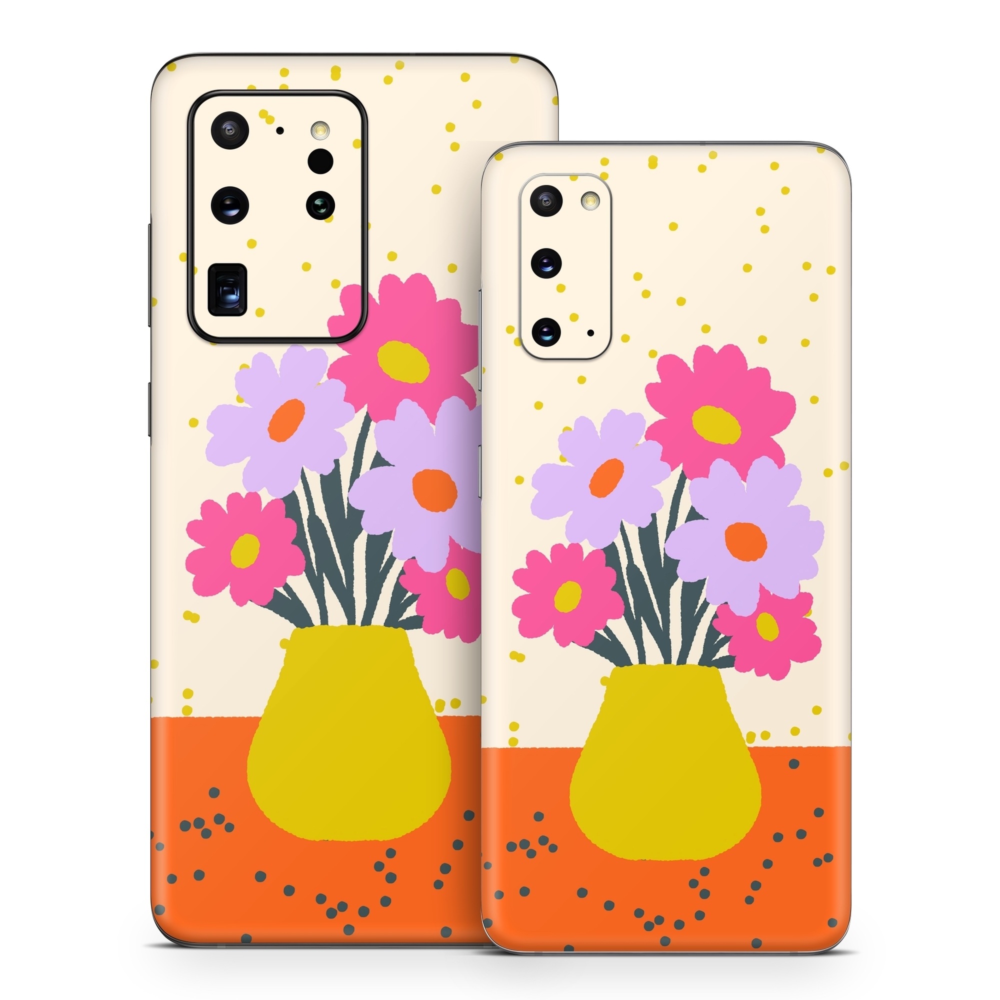 Samsung Galaxy S20 Series Skin design of Flower, Plant, Vase, Flowerpot, Petal, Happy, People in nature, Liquid, Font, Art, with white, orange, pink, purple, yellow colors