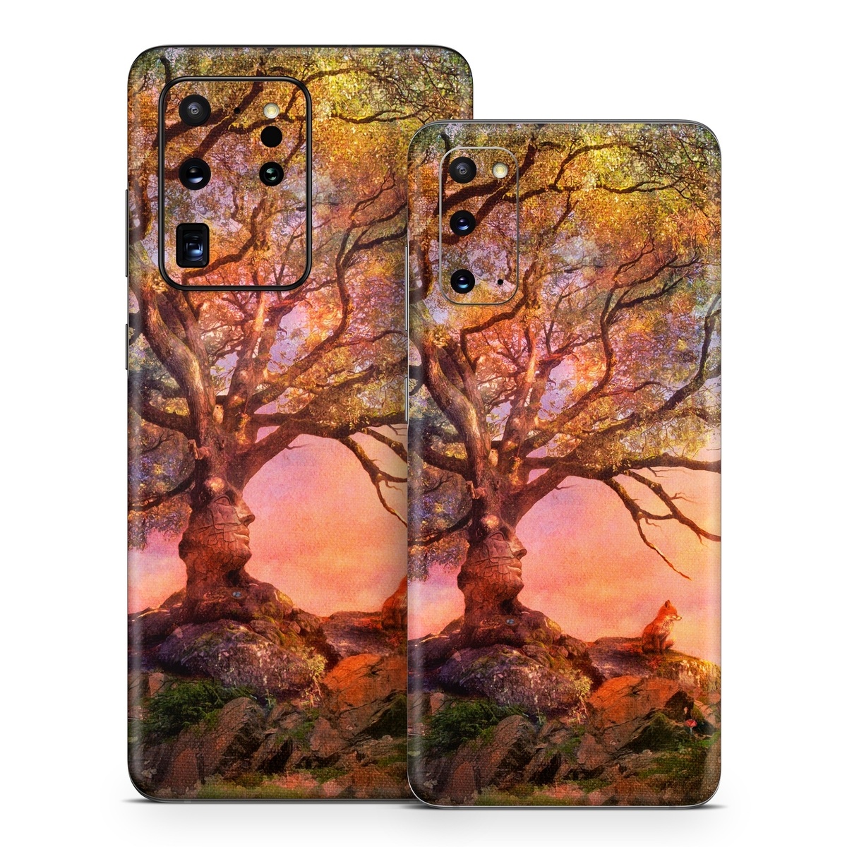 Samsung Galaxy S20 Series Skin design of Nature, Tree, Sky, Natural landscape, Branch, Leaf, Woody plant, Trunk, Landscape, Plant, with pink, red, black, green, gray, orange colors