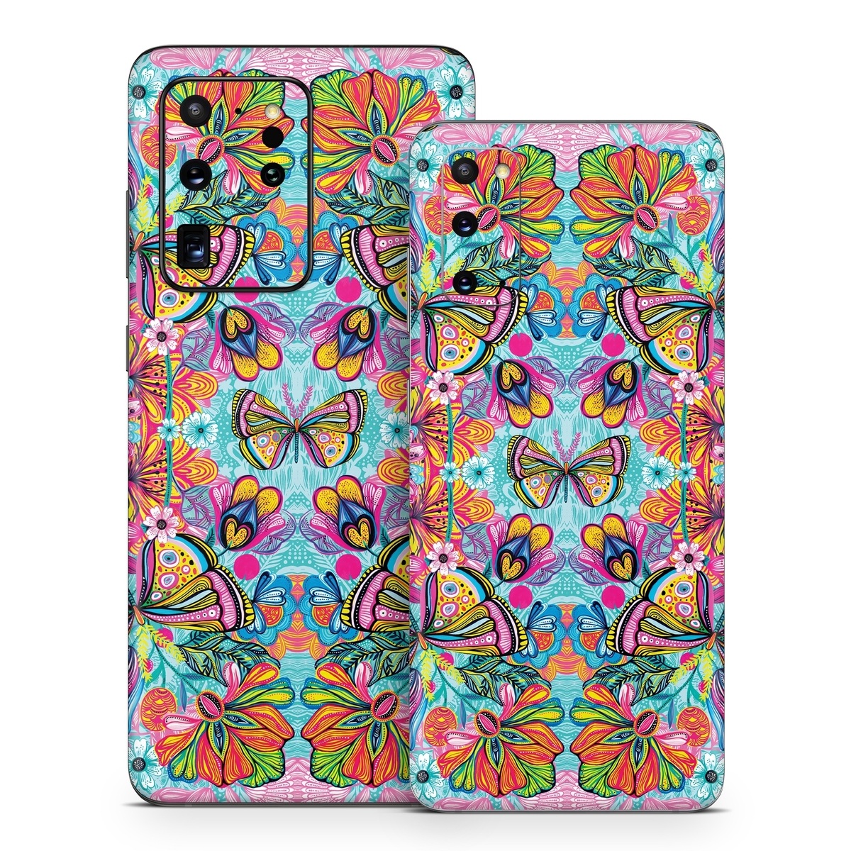 Samsung Galaxy S20 Series Skin design of Pattern, Design, Textile, Psychedelic art, Visual arts, Symmetry, Art, Motif, with blue, pink, green, yellow, orange, purple colors