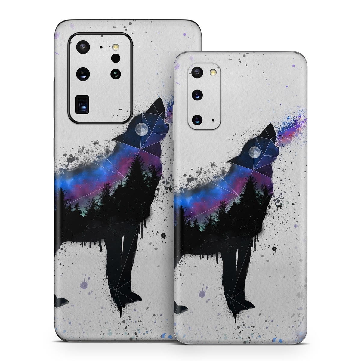 Samsung Galaxy S20 Series Skin design of Canidae, Art, Illustration, Watercolor paint, Dog, Graphic design, Street art, Acrylic paint, Painting, Visual arts, with gray, white, blue, black, green, purple colors