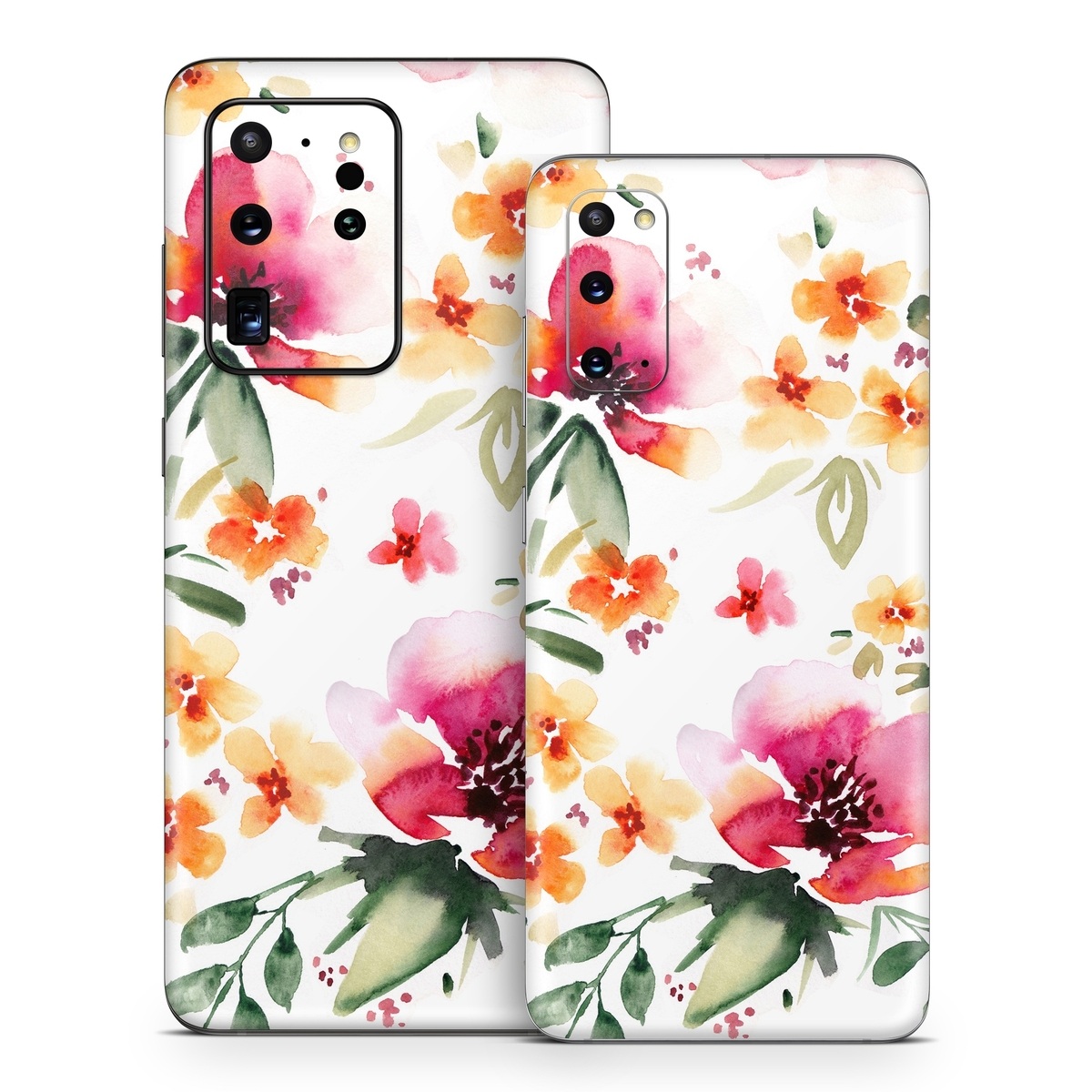 Samsung Galaxy S20 Series Skin design of Flower, Floral design, Pink, Pattern, Petal, Plant, Botany, Design, Wildflower, Clip art, with white, pink, red, orange, green colors