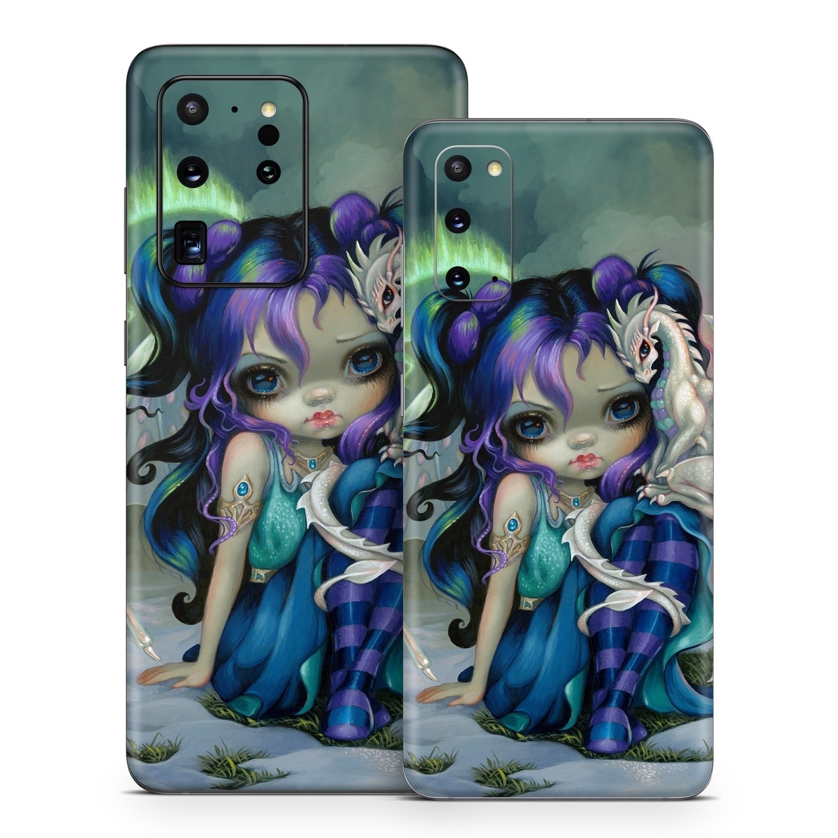 Samsung Galaxy S20 Series Skin design of Illustration, Fictional character, Cg artwork, Art, Mythology, Anime, Mythical creature, with green, blue, purple, yellow, red, white colors