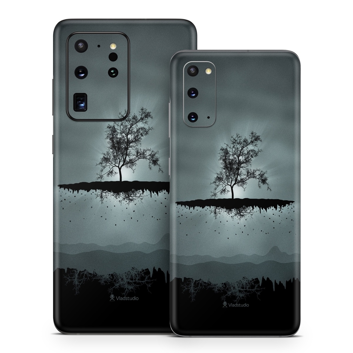 Samsung Galaxy S20 Series Skin design of Reflection, Sky, Nature, Water, Black, Tree, Black-and-white, Monochrome photography, Natural landscape, Atmospheric phenomenon, with black, gray, blue colors