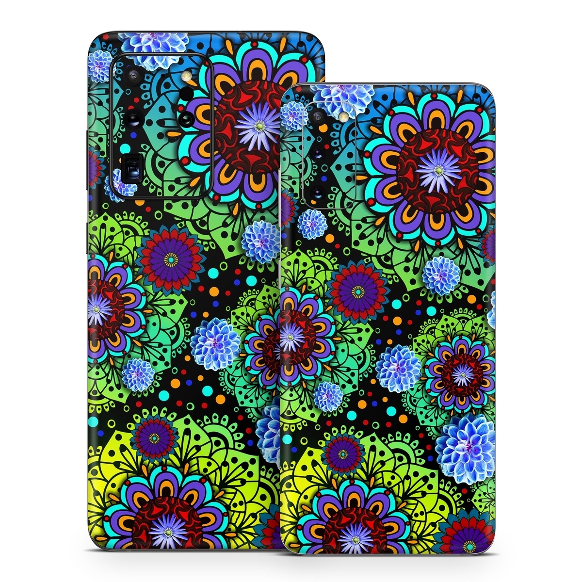 Samsung Galaxy S20 Series Skin design of Pattern, Psychedelic art, Design, Flower, Art, Visual arts, Floral design, Plant, Textile, Symmetry, with black, blue, green, purple colors