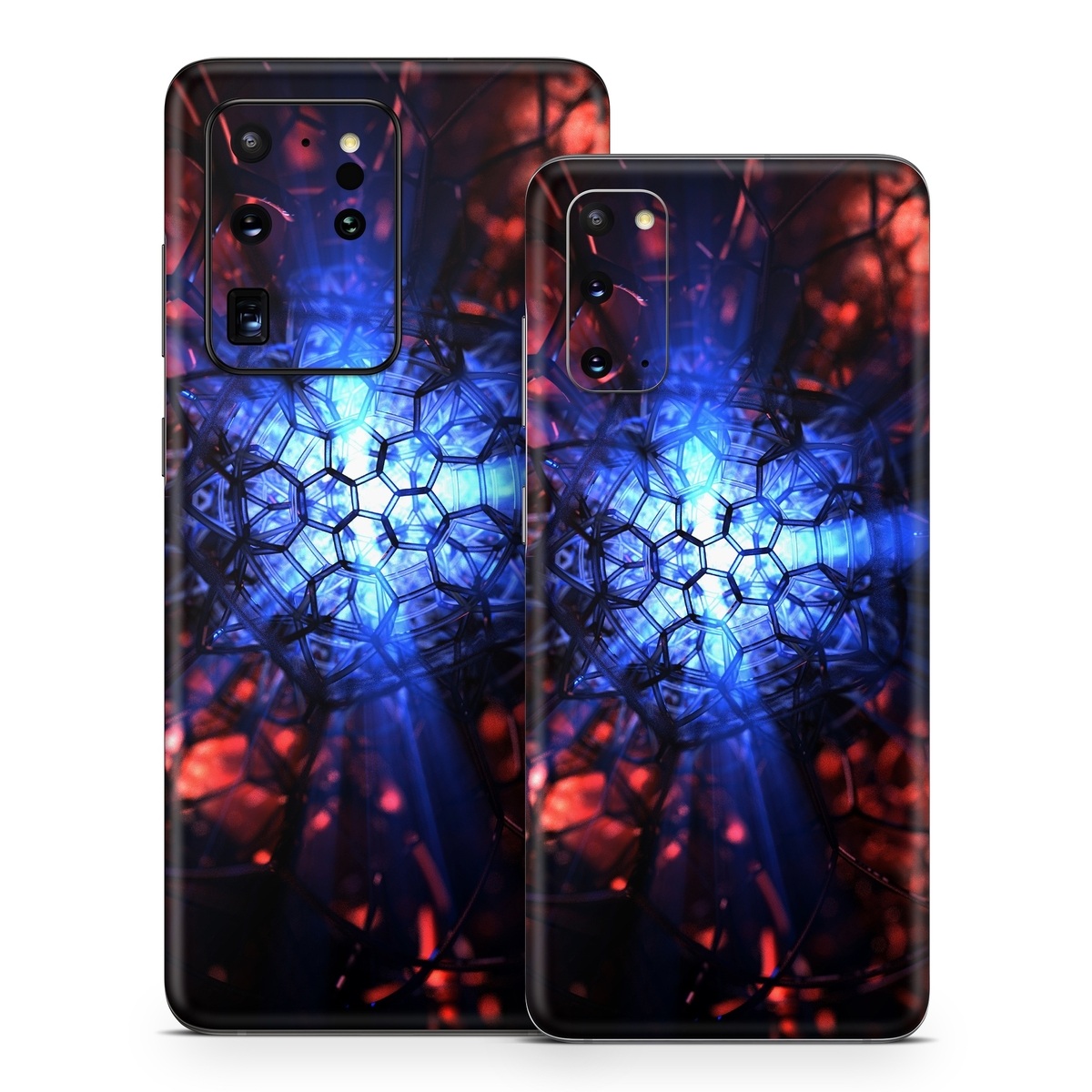 Samsung Galaxy S20 Series Skin design of Blue, Fractal art, Red, Light, Pattern, Lighting, Art, Kaleidoscope, Design, Psychedelic art, with black, blue, red colors