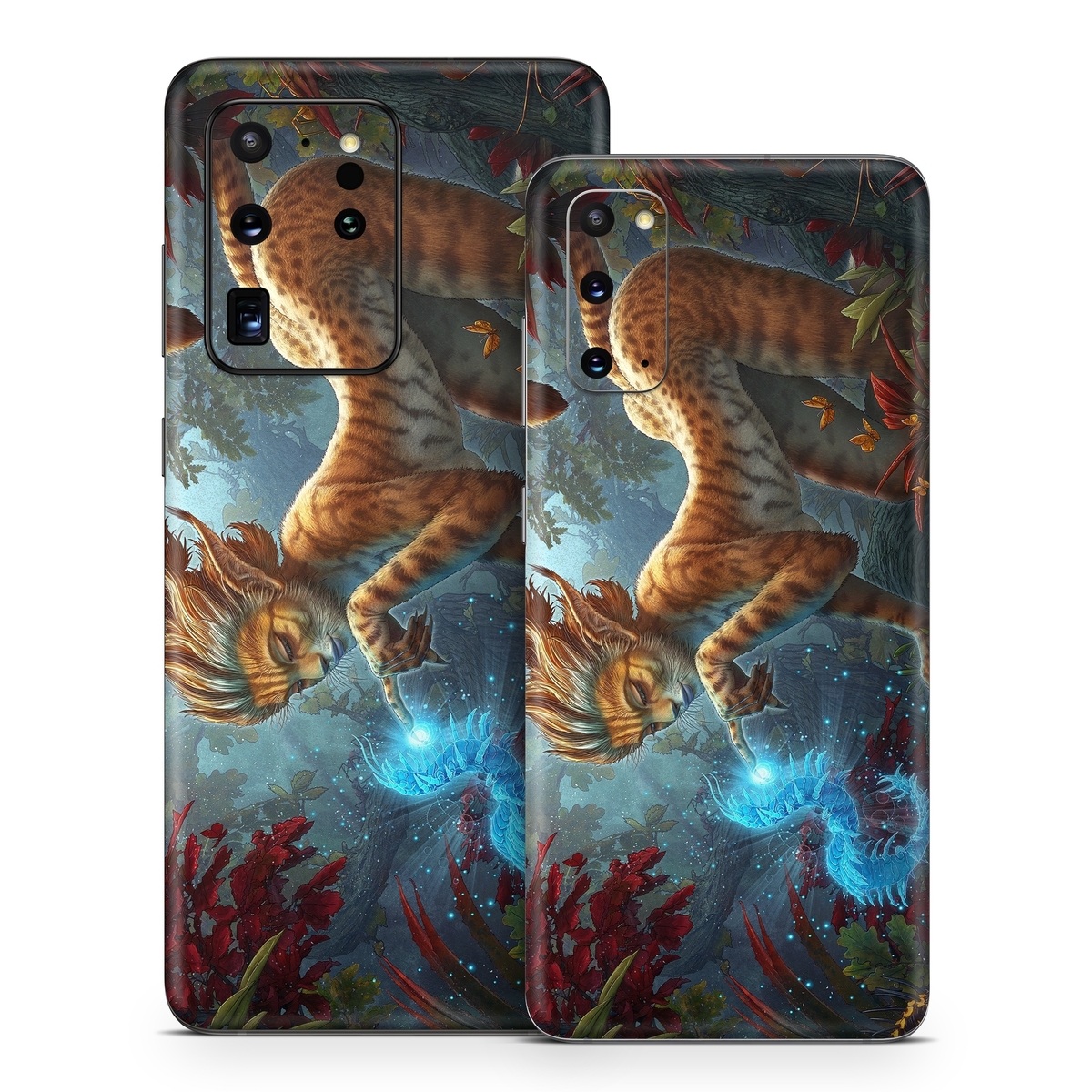 Samsung Galaxy S20 Series Skin design of Fictional character, Mythology, Illustration, Cg artwork, Sky, Organism, Dragon, Felidae, Mythical creature, Art, with yellow, red, black, green, blue colors