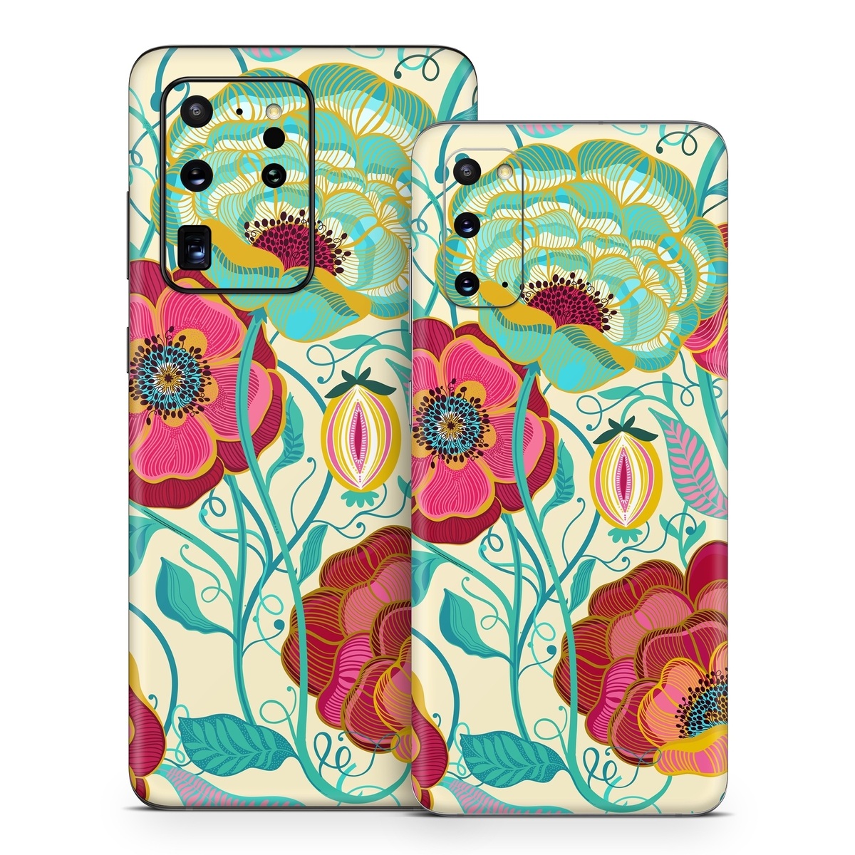 Samsung Galaxy S20 Series Skin design of Plant, Botany, Textile, Pink, Creative arts, Petal, Magenta, Art, Pattern, Rectangle, with white, red, pink, yellow, green, blue, black colors