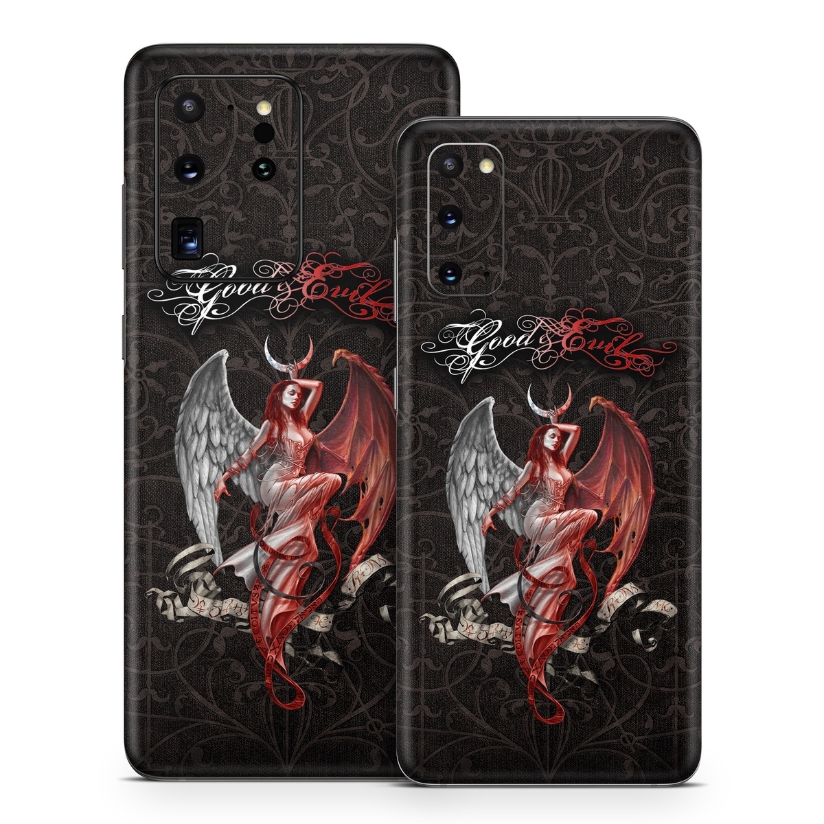 Samsung Galaxy S20 Series Skin design of Illustration, Fictional character, Graphic design, Supernatural creature, Demon, Cg artwork, Art, Mythology, Angel, Wing, with black, white, red colors