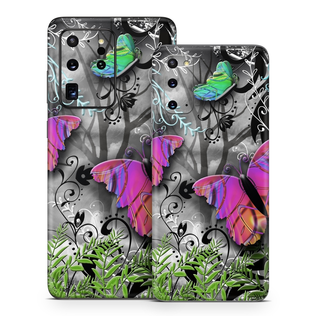 Samsung Galaxy S20 Series Skin design of Butterfly, Pink, Purple, Violet, Organism, Spring, Moths and butterflies, Botany, Plant, Leaf, with black, gray, green, purple, red colors