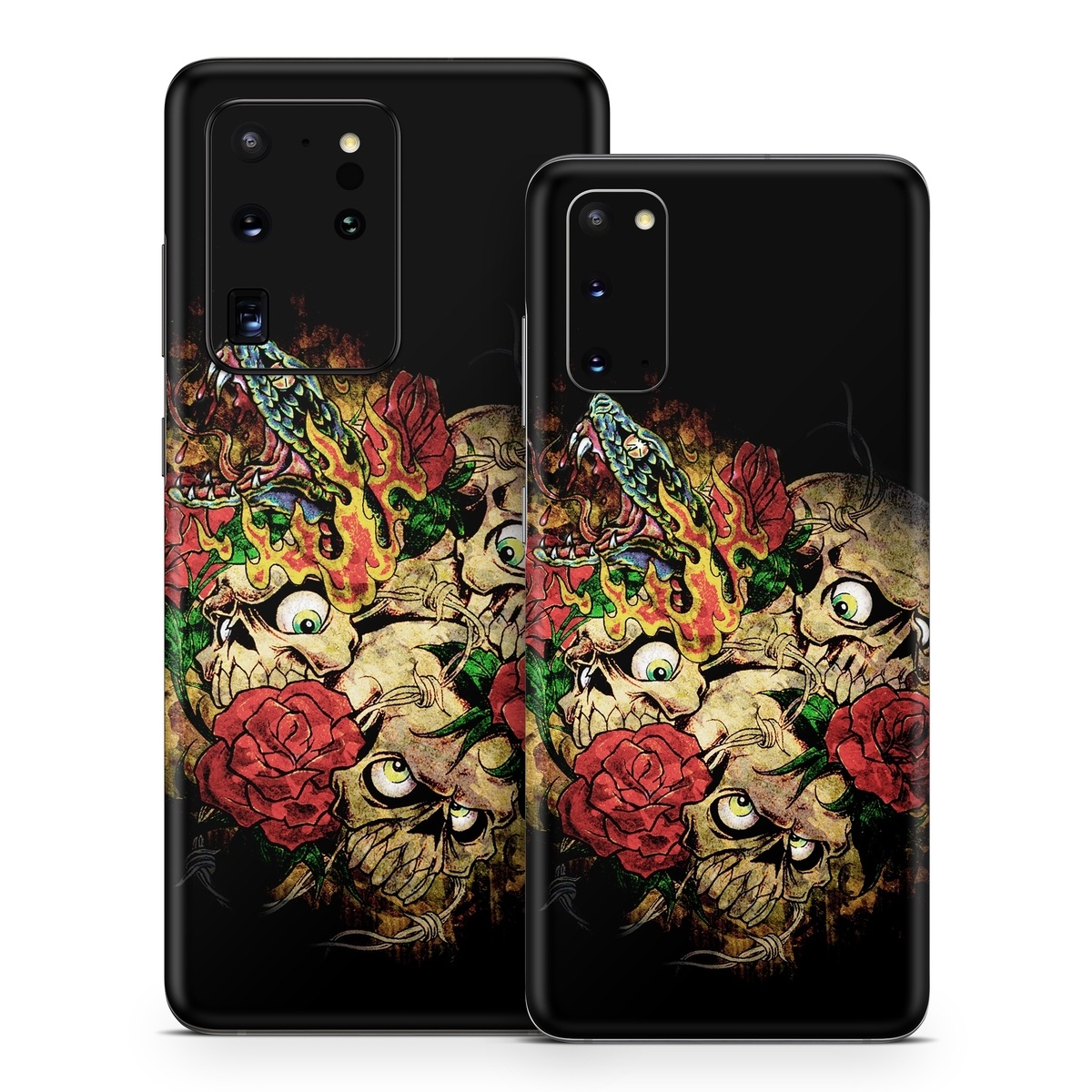 Samsung Galaxy S20 Series Skin design of Illustration, Bouquet, Art, Skull, Plant, Rose, Flower, Graphic design, Fictional character, Floral design, with black, red, green, gray colors
