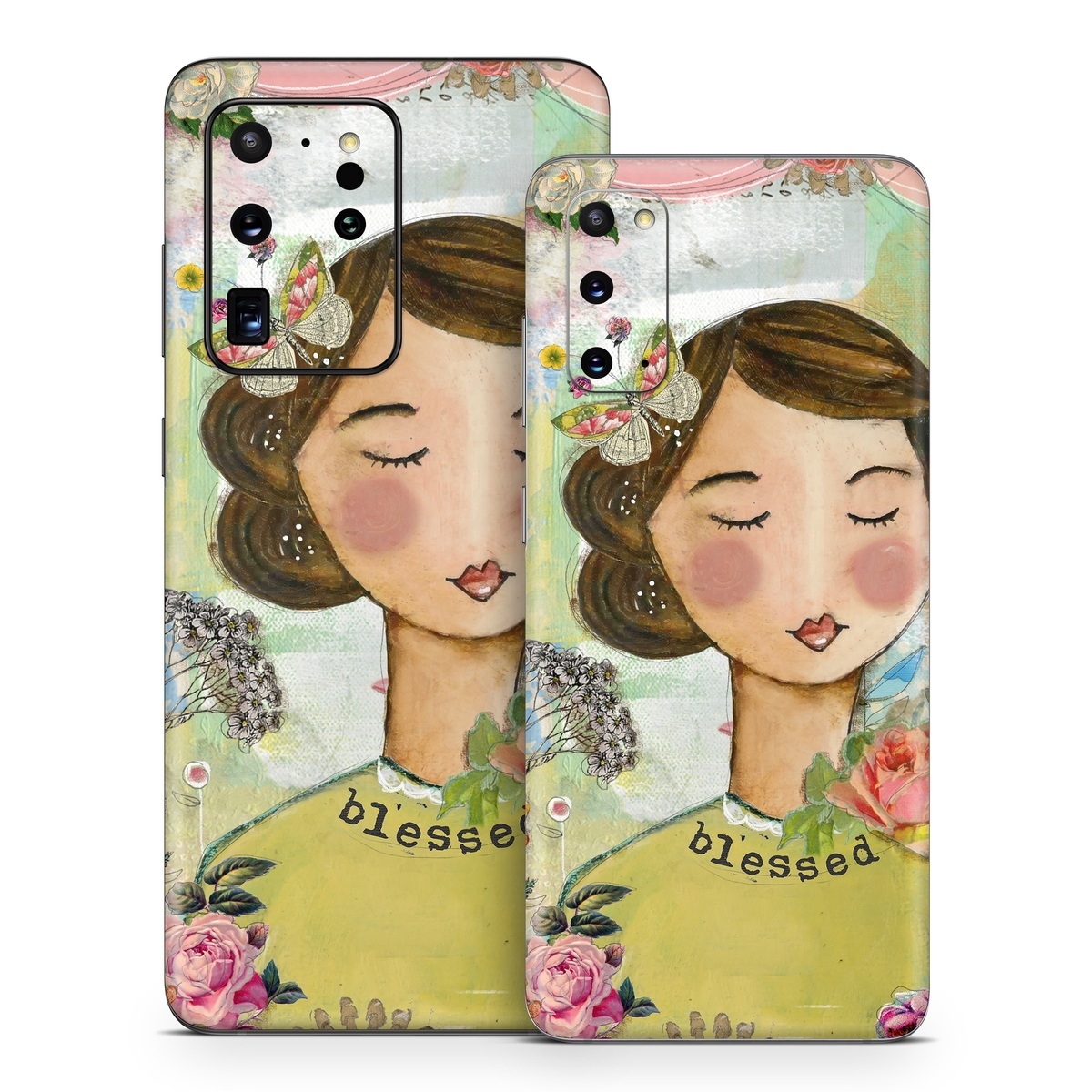 Samsung Galaxy S20 Series Skin design of Illustration, Cheek, Art, Watercolor paint, Retro style, Painting, Plant, Flower, Fashion illustration, Fictional character, with pink, green, yellow, white, red, blue colors