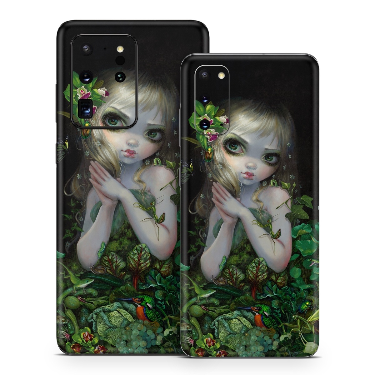 Samsung Galaxy S20 Series Skin design of Green, Doll, Fictional character, Lip, Plant, Supervillain, Flower, Illustration, Ivy, Fawn, with black, white, green, red colors