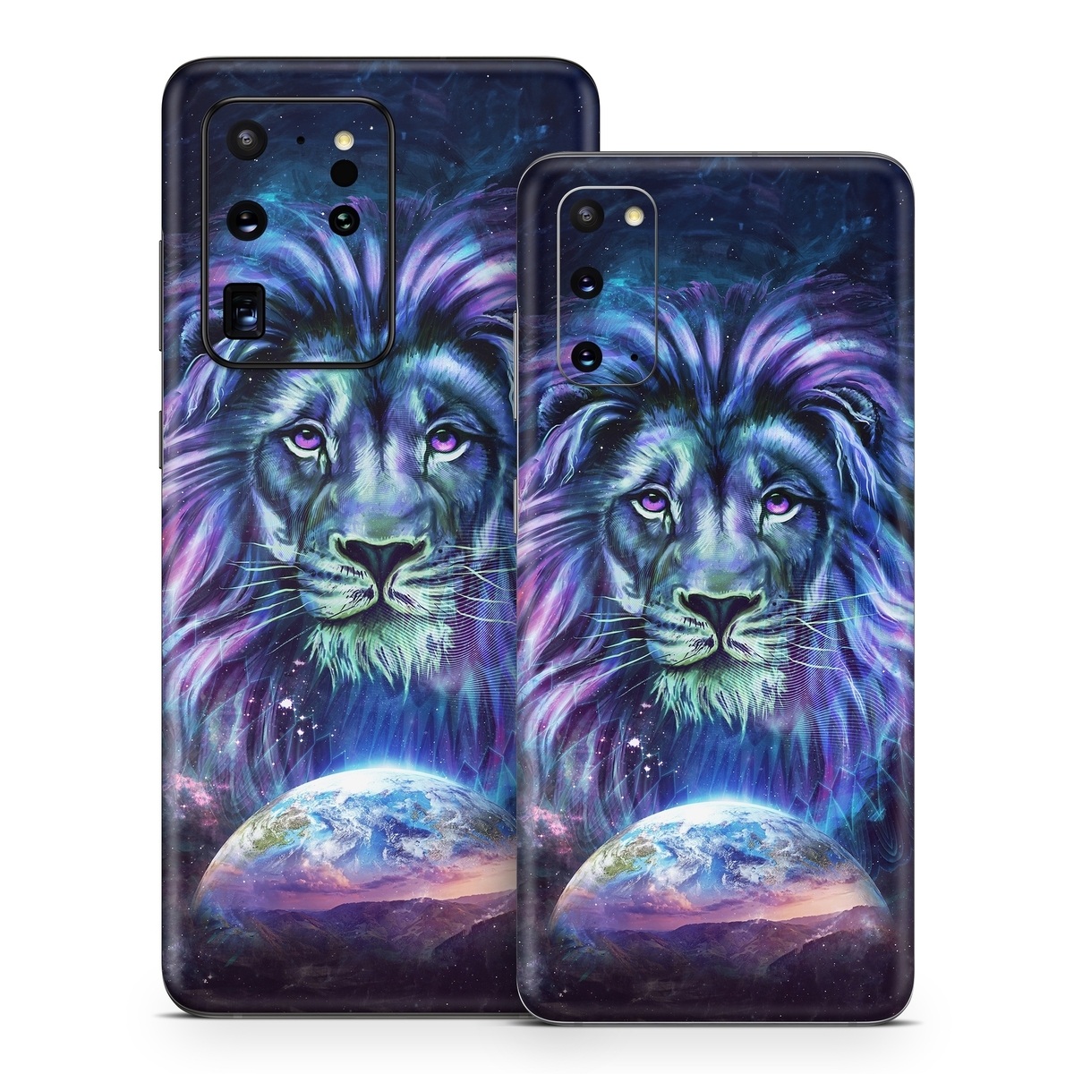 Samsung Galaxy S20 Series Skin design of Lion, Felidae, Purple, Wildlife, Big cats, Illustration, Darkness, Space, Painting, Art, with purple, blue, green, black, white, red colors