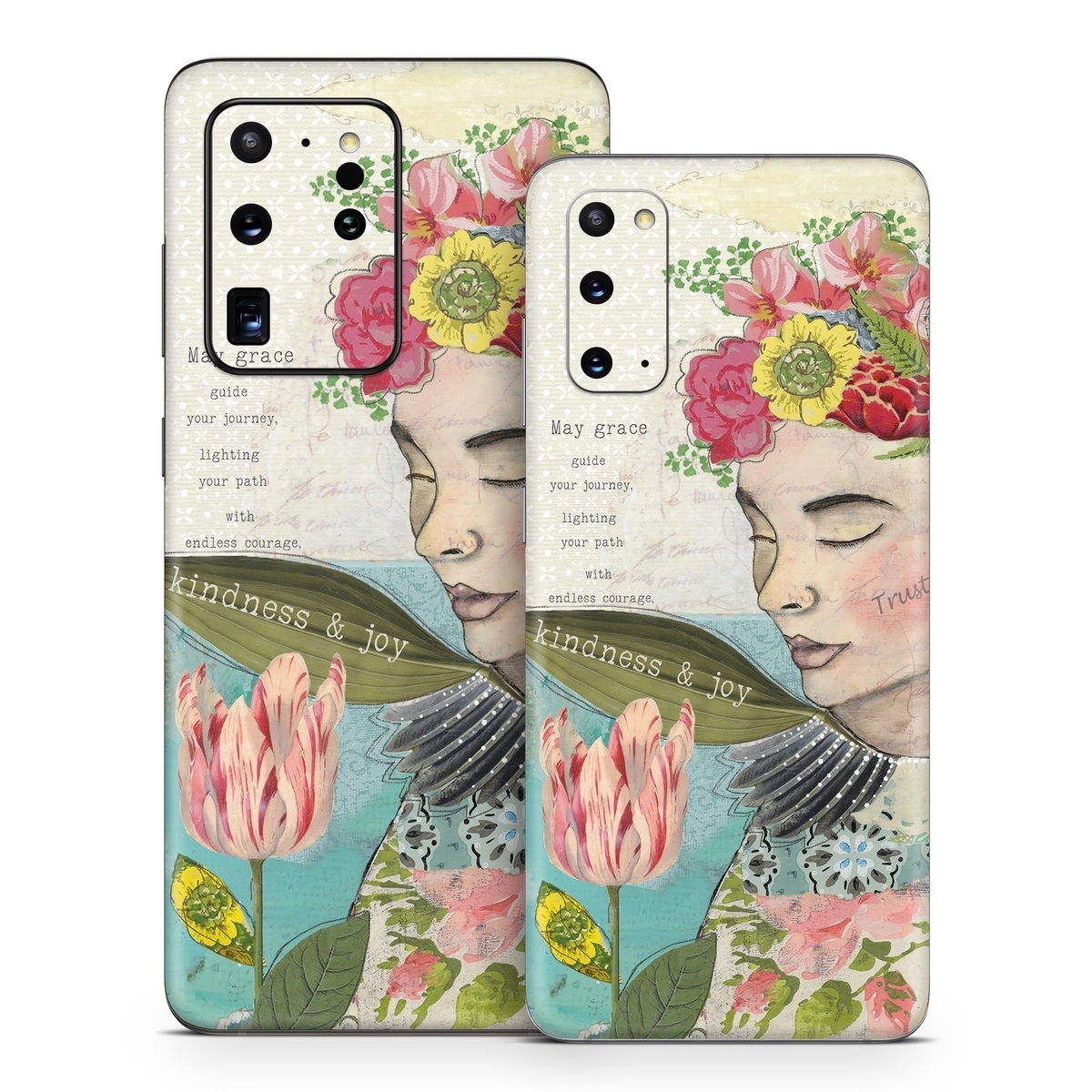 Samsung Galaxy S20 Series Skin design of Flower, Plant, Botany, Petal, Textile, Creative arts, Pink, Art, Painting, Poster, with blue, green, yellow, red, pink, white colors