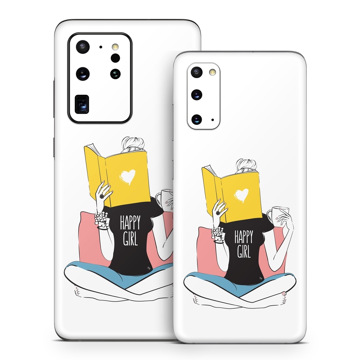 Samsung Galaxy S20 Series Skin design of White, Sleeve, Gesture, Cartoon, Comfort, Elbow, Font, Graphics, Knee, Art, with white, black, blue, pink, yellow colors