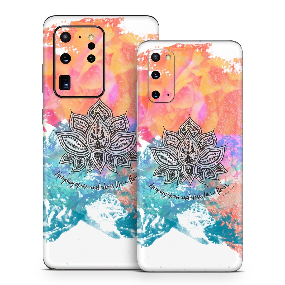 Samsung Galaxy S20 Series Skin design of Pink, Leaf, Pattern, Design, Graphic design, Illustration, Symmetry, Visual arts, Art, Plant, with orange, yellow, red, blue, green, black colors