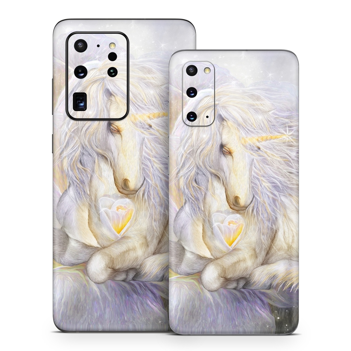 Samsung Galaxy S20 Series Skin design of Fictional character, Mythical creature, Unicorn, Sky, Mythology, Supernatural creature, Illustration, with gray, black, green, pink, blue colors