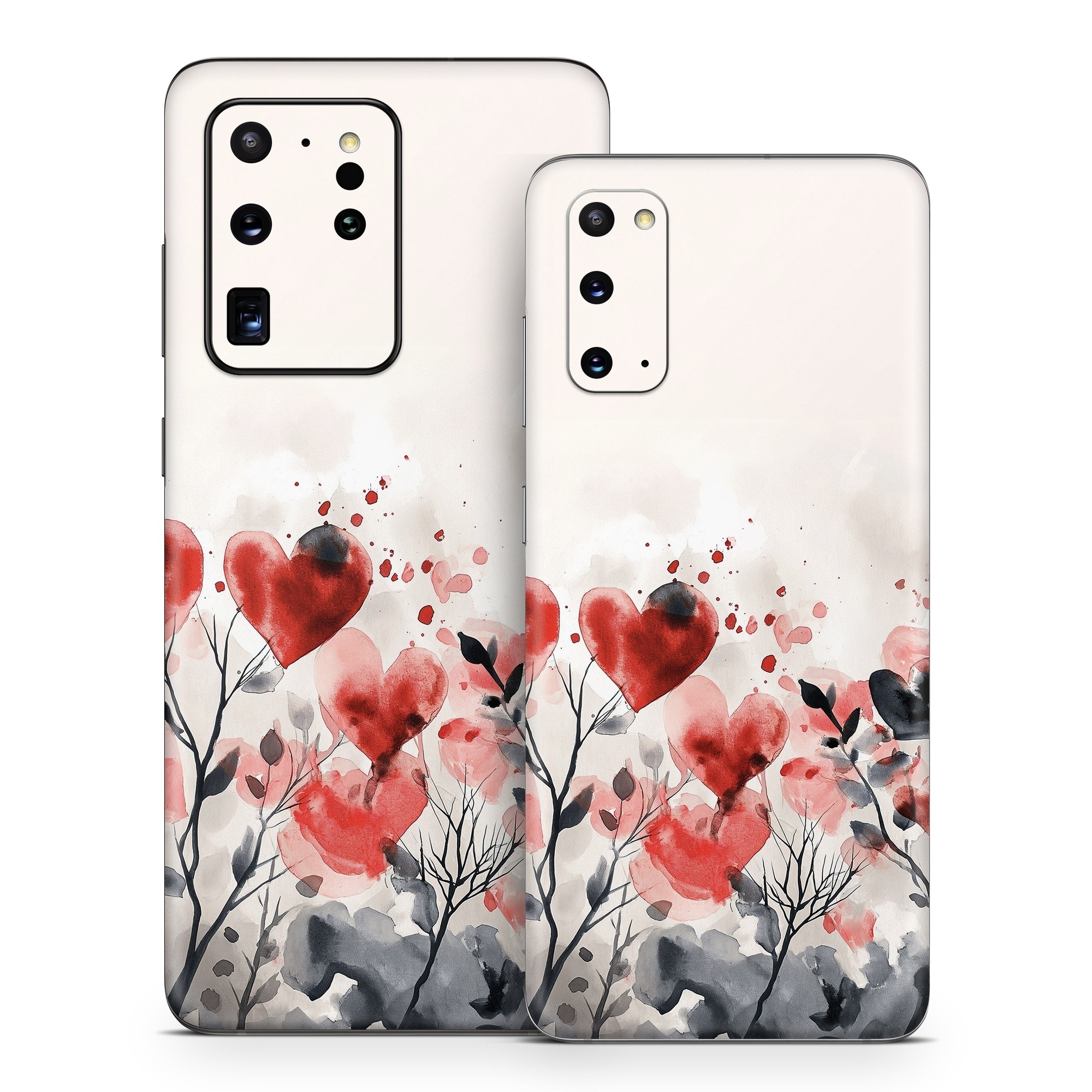 Samsung Galaxy S20 Series Skin design of Flower, Plant, Petal, Sky, Natural landscape, Twig, Tree, Art, Painting, Flowering plant, with white, black, gray, red, pink colors