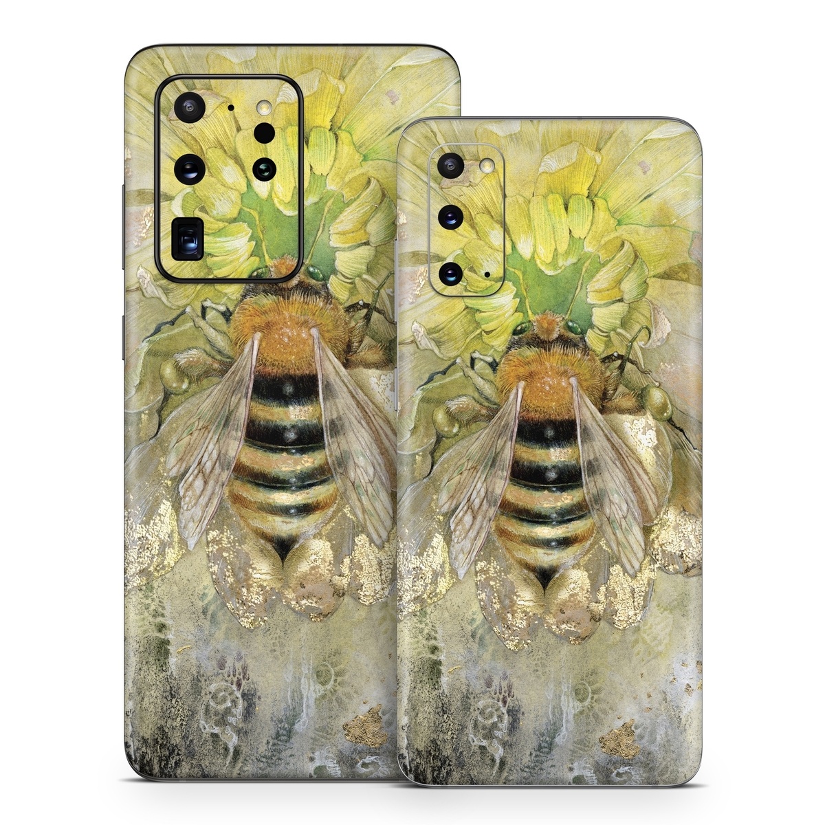 Samsung Galaxy S20 Series Skin design of Honeybee, Insect, Bee, Membrane-winged insect, Invertebrate, Pest, Watercolor paint, Pollinator, Illustration, Organism, with yellow, orange, black, green, gray, pink colors