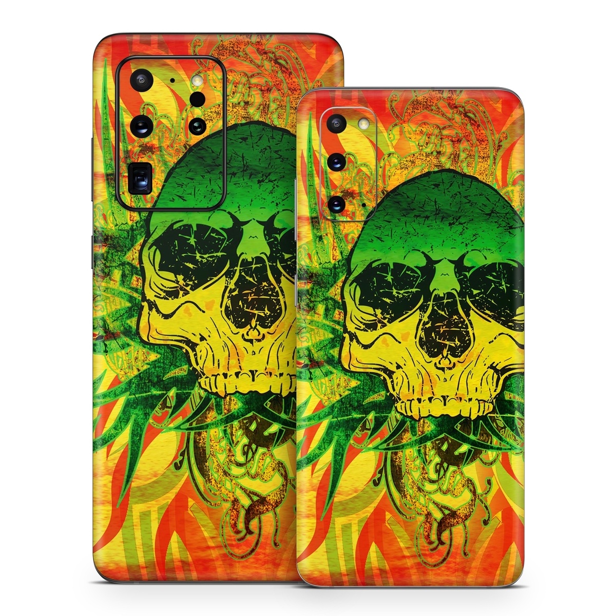 Samsung Galaxy S20 Series Skin design of Psychedelic art, Skull, Illustration, Bone, Art, Graphic design, Visual arts, Poster, Plant, Painting, with green, orange, black, red colors