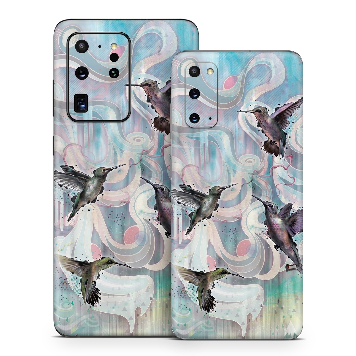 Samsung Galaxy S20 Series Skin design of Bird, Watercolor paint, Illustration, Hummingbird, Painting, Art, Wing, Fictional character, Acrylic paint, Perching bird, with gray, blue, black colors