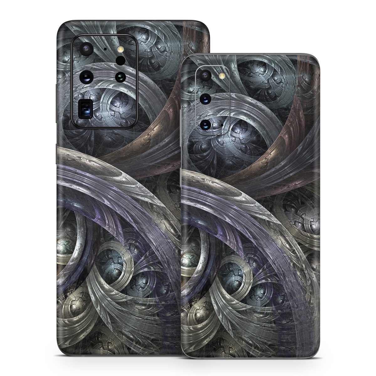 Samsung Galaxy S20 Series Skin design of Fractal art, Graphic design, Art, Cg artwork, Darkness, Circle, Pattern, Illustration, Graphics, Metal, with black, gray, blue colors